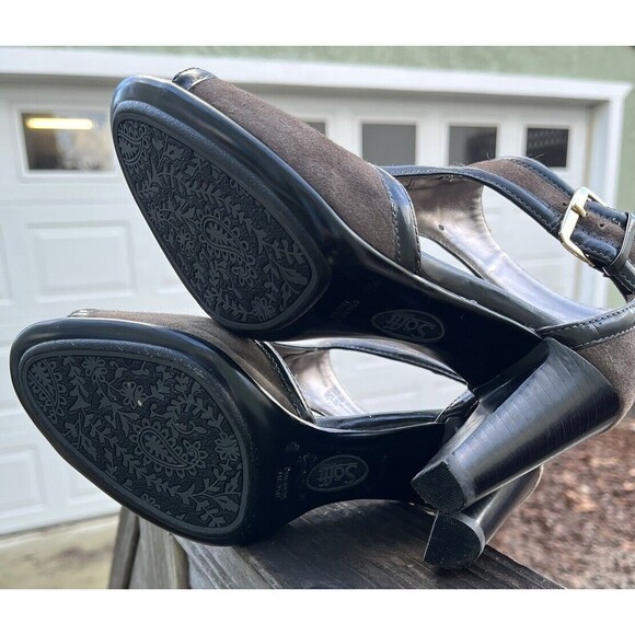 Sofft Gazelle Peep Toe Pumps Womens 6M Suede Brown Ankle T Strap 3” Heeled Shoes - Picture 9 of 10